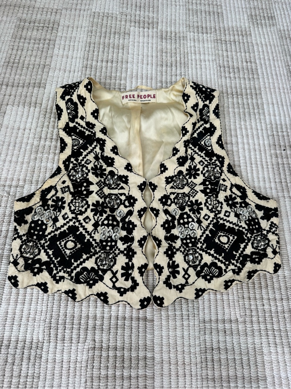Free People Black and Cream Embroidered Scallop-Edge Vest